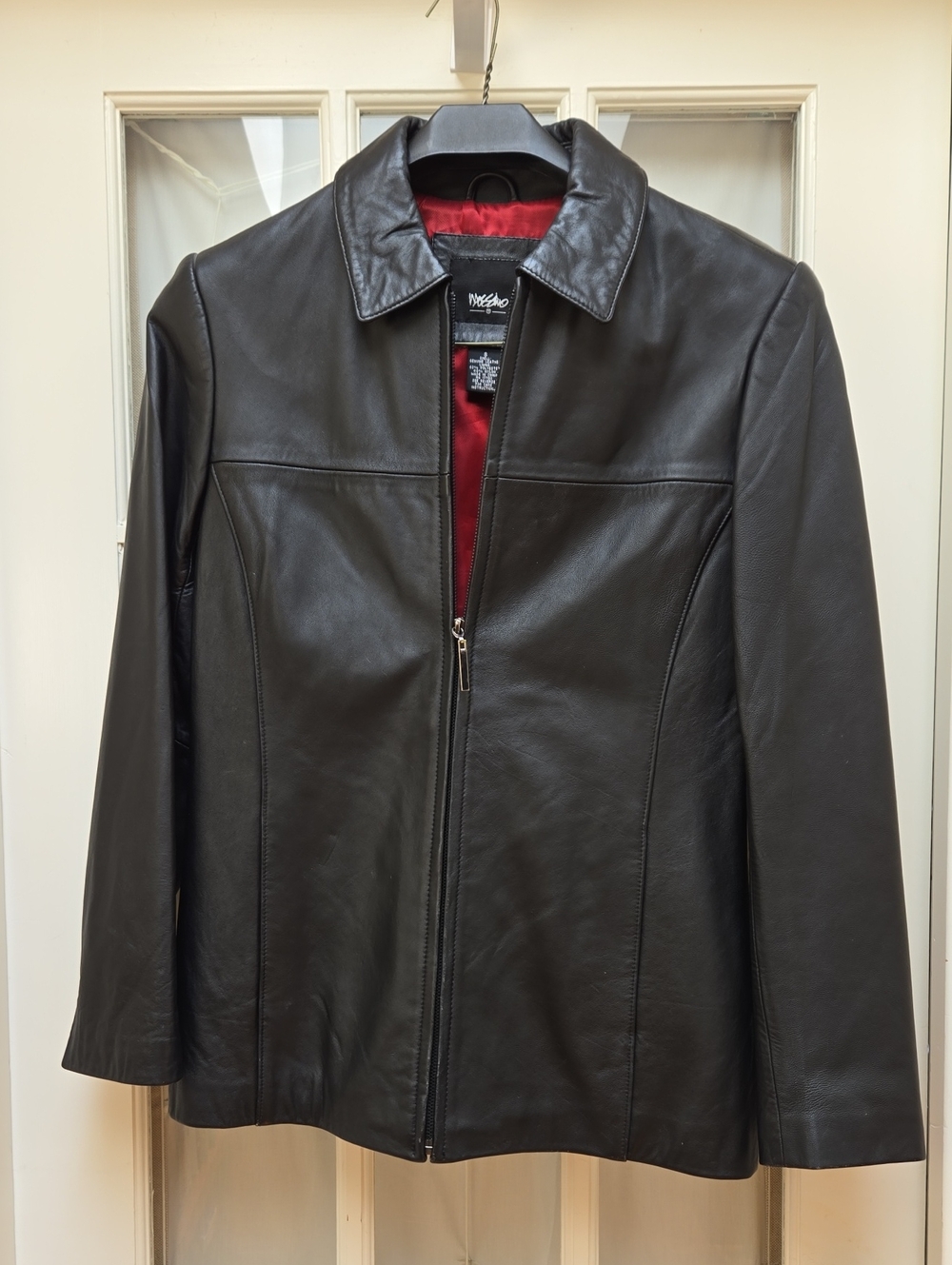 Massimo Vintage Womens Black Leather Jacket with Red Lining